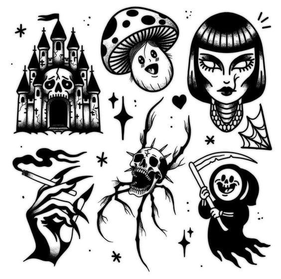 Halloween flash — gothic castle, mushroom, grim reaper, spider skull